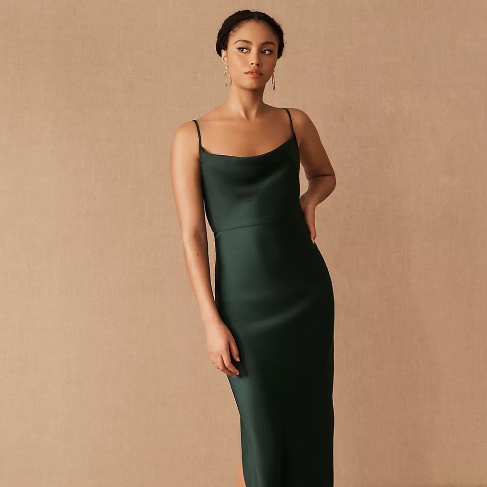 EMERALD BHLDN CALI SATIN CHARMEUSE MIDI DRESS from anthropologie